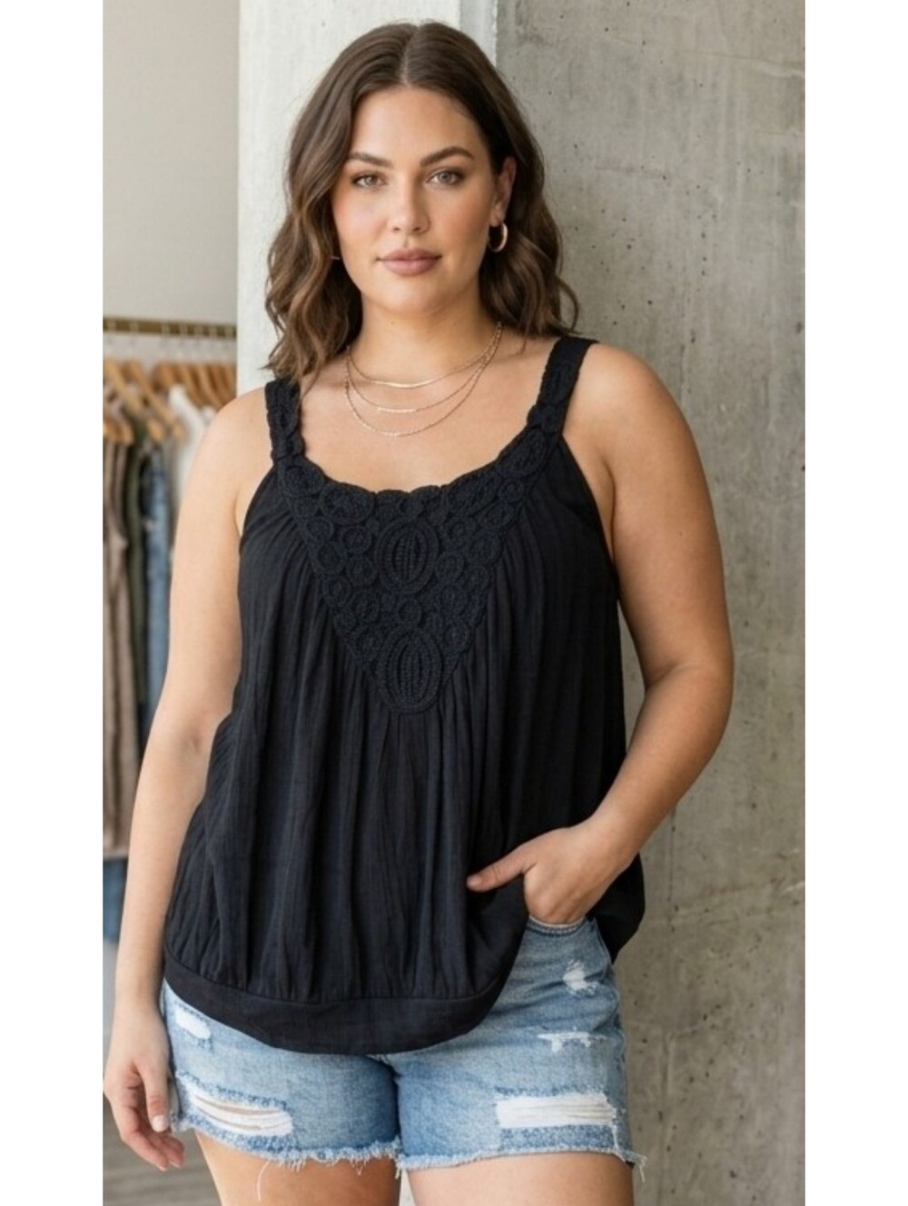 Derek Heart Plus Black Lace Crochet V Shaped Yoke with Banded Hem
